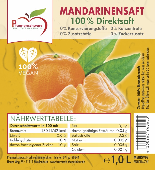 Pfannenschwarz Mandarinensaft 100% Direktsaft 1 L Flasche – Detailbild 1 – jetzt kaufen bei Stadtmühle Waldenbuch