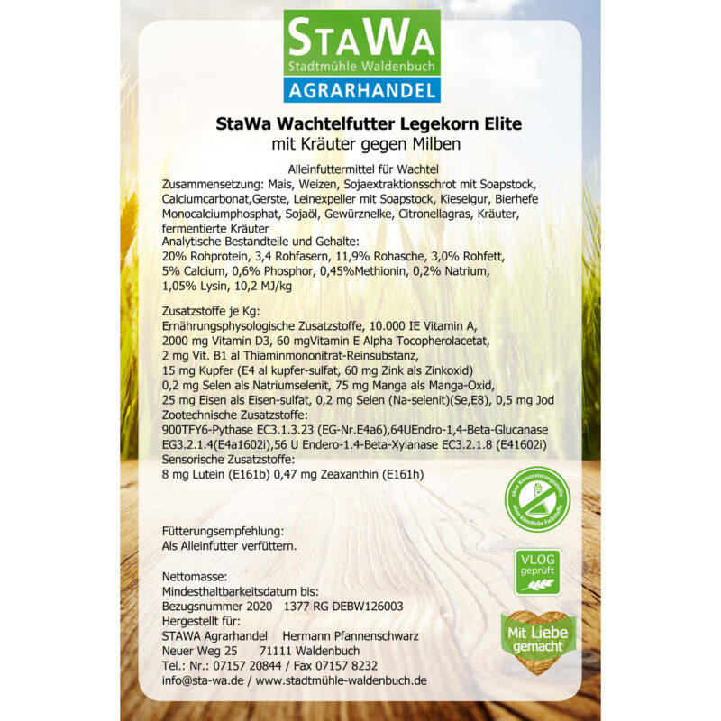 StaWa Wachtelfutter Legekorn Elite mit natürlichem Milbenkomplex,  ohne Gentechnik, ohne künstliche Konservierungs- und Farbstoffe – jetzt kaufen bei Stadtmühle Waldenbuch