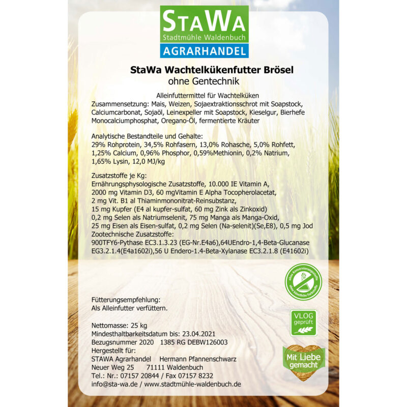 StaWa Wachtelkükenfutter Brösel, mit 29% Rohprotein, ohne Gentechnik, ohne künstliche Konservierungs- und Farbstoffe – jetzt kaufen bei Stadtmühle Waldenbuch Onlineshop