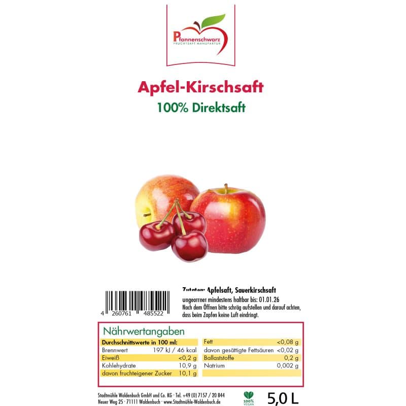 Apfel-Kirschsaft 100% Direktsaft Bag in Box 5 L – Detailbild 2 – jetzt kaufen bei Stadtmühle Waldenbuch