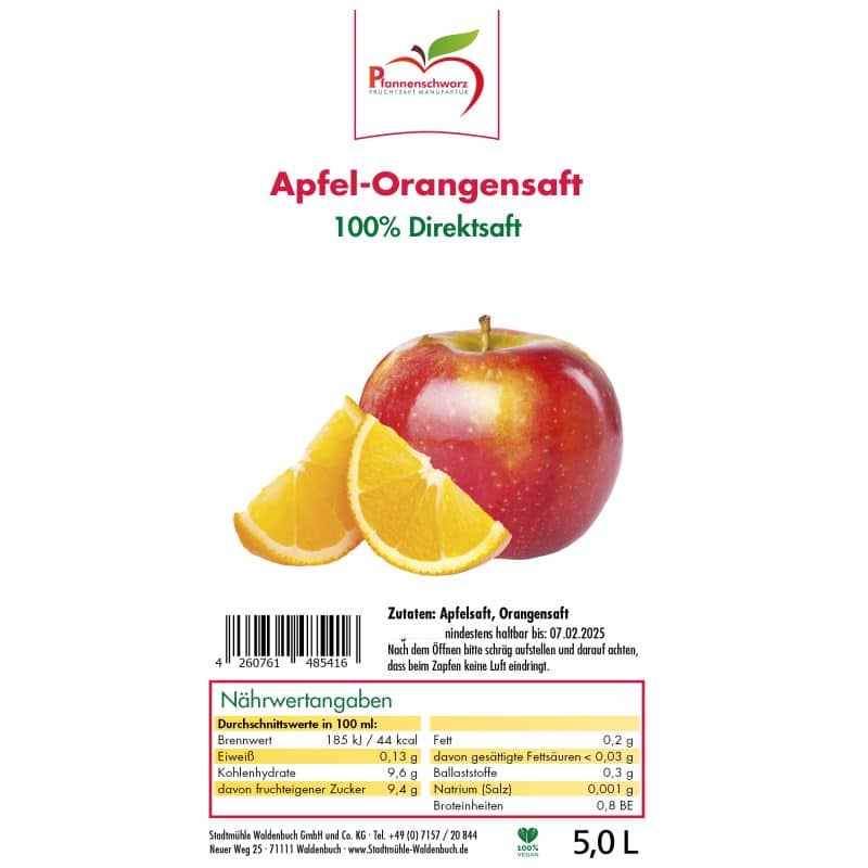 Apfel-Orangensaft 100% Direktsaft Bag in Box 5 L – Detailbild 2 – jetzt kaufen bei Stadtmühle Waldenbuch