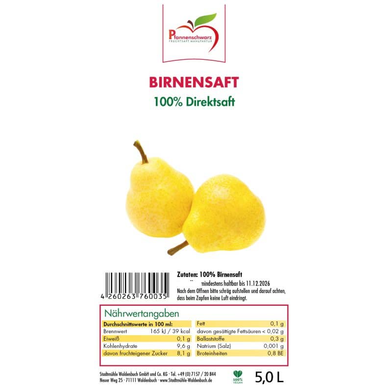Birnensaft 100% Direktsaft Bag in Box 5 L – Detailbild 2 – jetzt kaufen bei Stadtmühle Waldenbuch