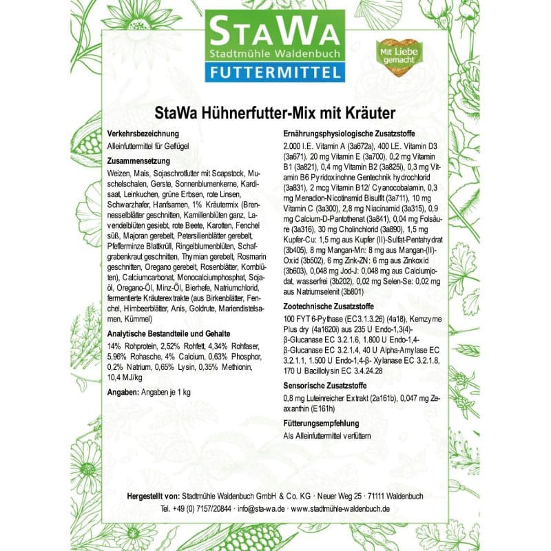 StaWa Hühnerfutter-Mix mit Kräuter | ohne Gentechnik | Alleinfuttermittel für Hühner – Detailbild 2 – jetzt kaufen bei Stadtmühle Waldenbuch Onlineshop