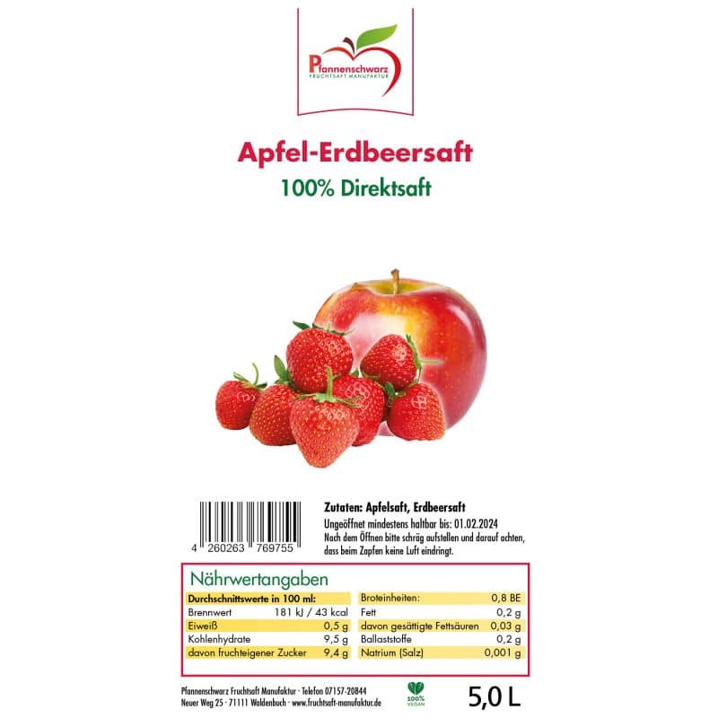Pfannenschwarz Apfel-Erdbeersaft 100% Direktsaft, 2er Pack (2x5 l Bag in Box) – Detailbild 2 – jetzt kaufen bei Stadtmühle Waldenbuch
