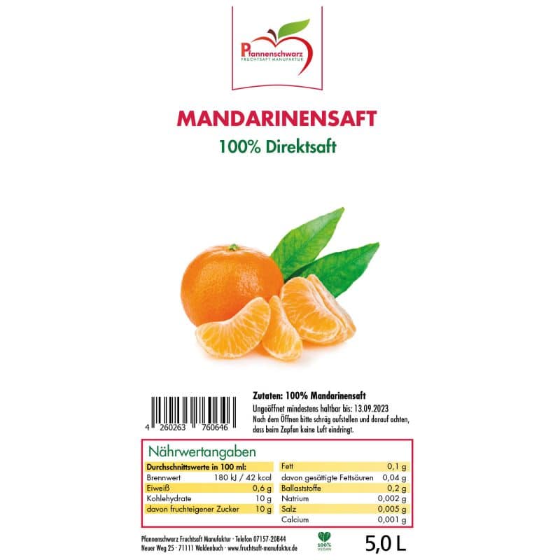 Pfannenschwarz Mandarinensaft 100% Direktsaft, 2er Pack (2x5 l Bag in Box) – Detailbild 1 – jetzt kaufen bei Stadtmühle Waldenbuch Onlineshop