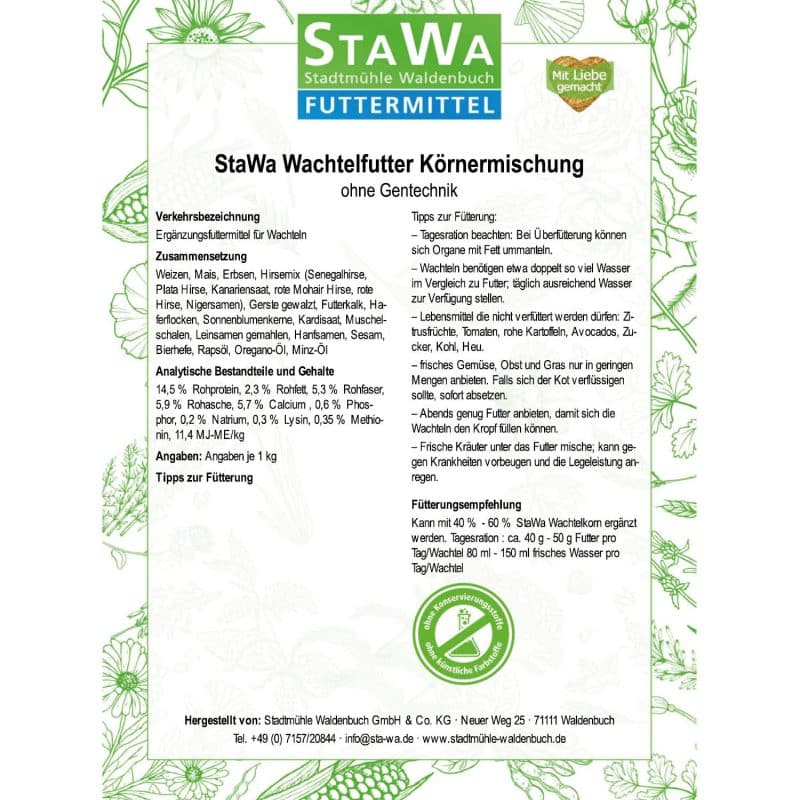 StaWa Wachtelfutter Körnermischung fein geschrotet, ohne künstliche Konservierungs- und Farbstoffe, mit Oregano und Minzöl – Detailbild 2 – jetzt kaufen bei Stadtmühle Waldenbuch Onlineshop