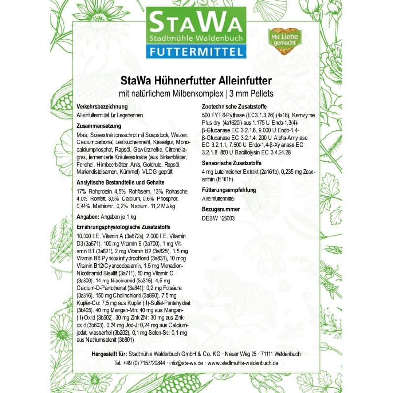 StaWa Hühnerfutter Alleinfutter mit natürlichem Milbenkomplex | 3 mm Pellets | ohne Gentechnik | ohne künstliche Konservierungs- und Farbstoffe – Detailbild 2 – jetzt kaufen bei Stadtmühle Waldenbuch Onlineshop