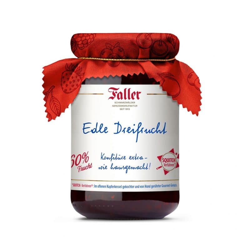 Faller Edle Dreifrucht-Konfitüre extra 330g, wie hausgemacht! mit 60% Frucht – jetzt kaufen bei Stadtmühle Waldenbuch Onlineshop