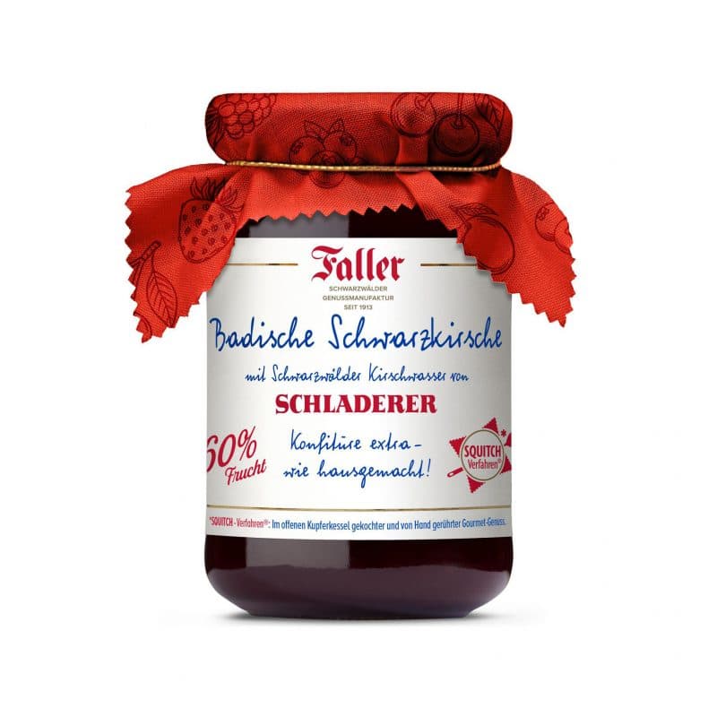 Faller Badische Schwarzkirsch Konfitüre mit Kirschwasser hausgemacht 330g - mit 60% Frucht – jetzt kaufen bei Stadtmühle Waldenbuch Onlineshop