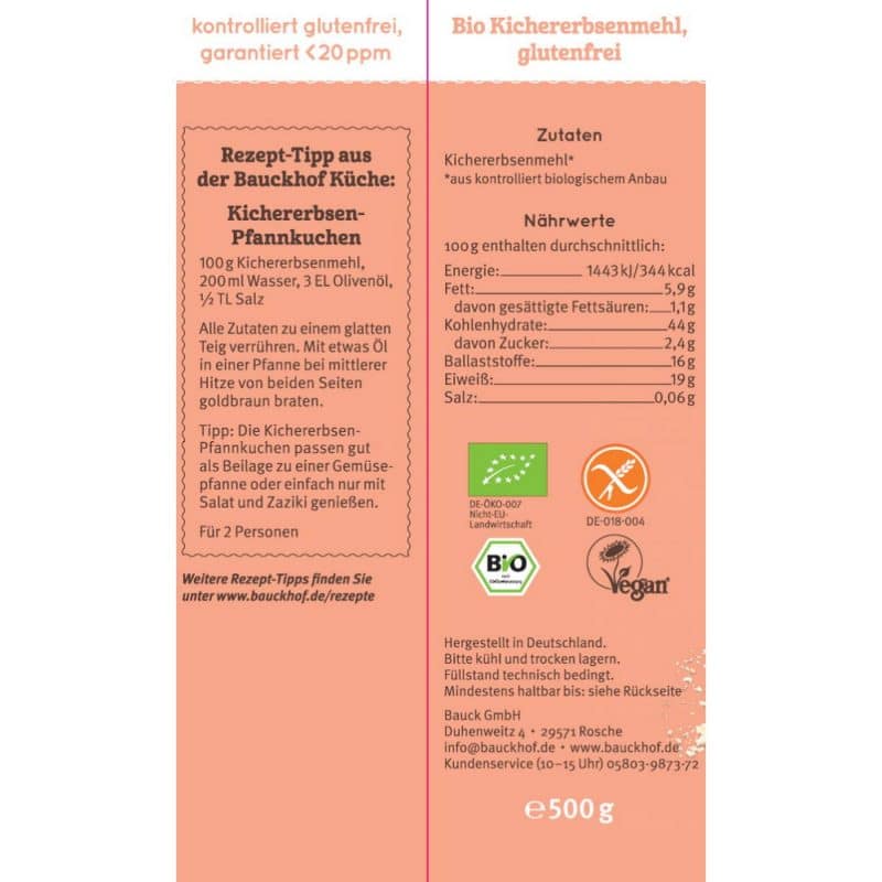 Bauckhof Bio Kichererbsenmehl, glutenfrei 500g – Detailbild 1 – jetzt kaufen bei Stadtmühle Waldenbuch