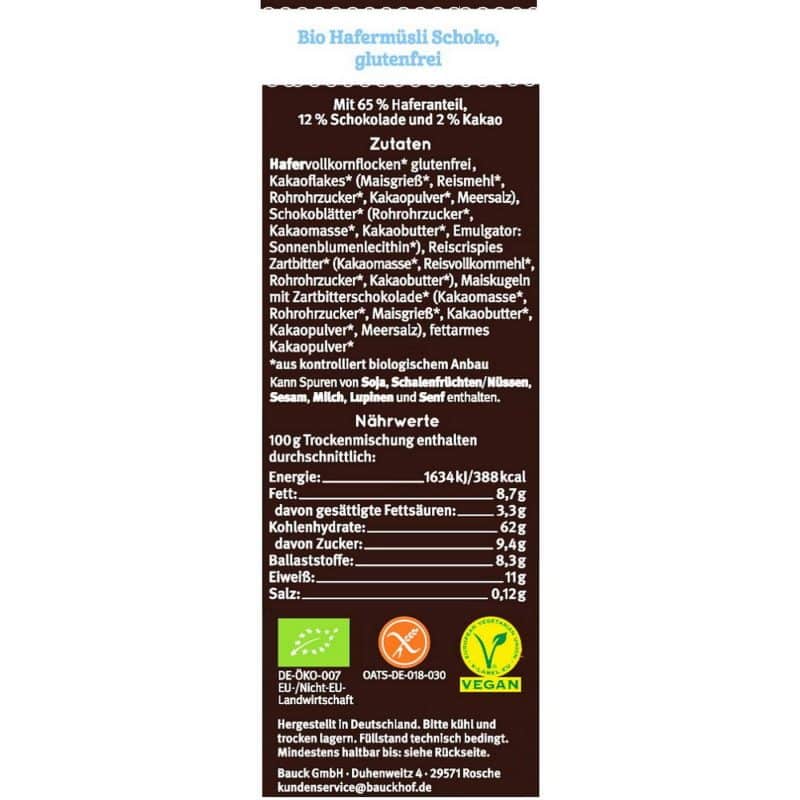 Bauckhof - Bio Hafermüsli mit Schoko - glutenfrei – Detailbild 1 – jetzt kaufen bei Stadtmühle Waldenbuch