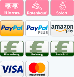 Zahlungsarten: Klarna, SOFORT, PayPal, Amazon Pay, Vorkasse, Rechnung (via Klarna oder RatePay), Lastschrift, Visa und Mastercard